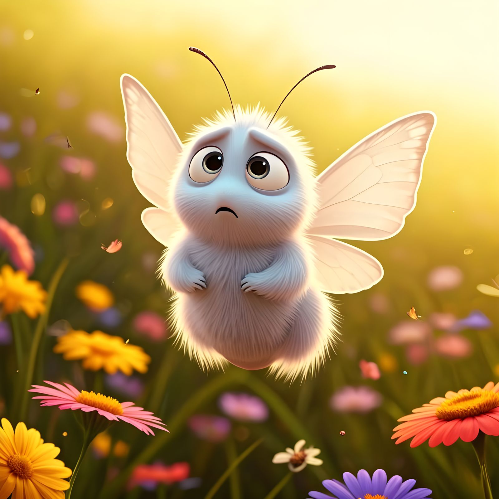 Bewildered Butterfly in a Whimsical Pixar Meadow