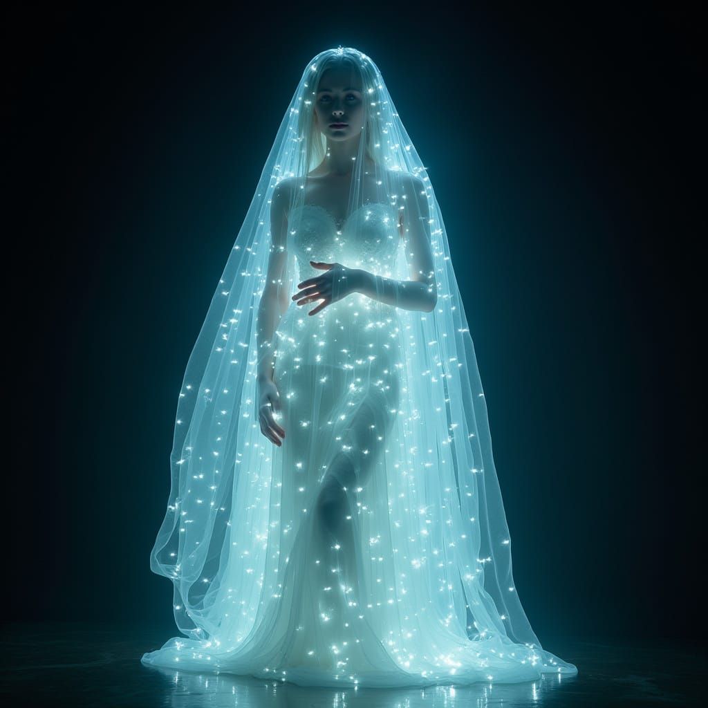 Iridescent Bioluminescent Figure Dancing in Laser Light