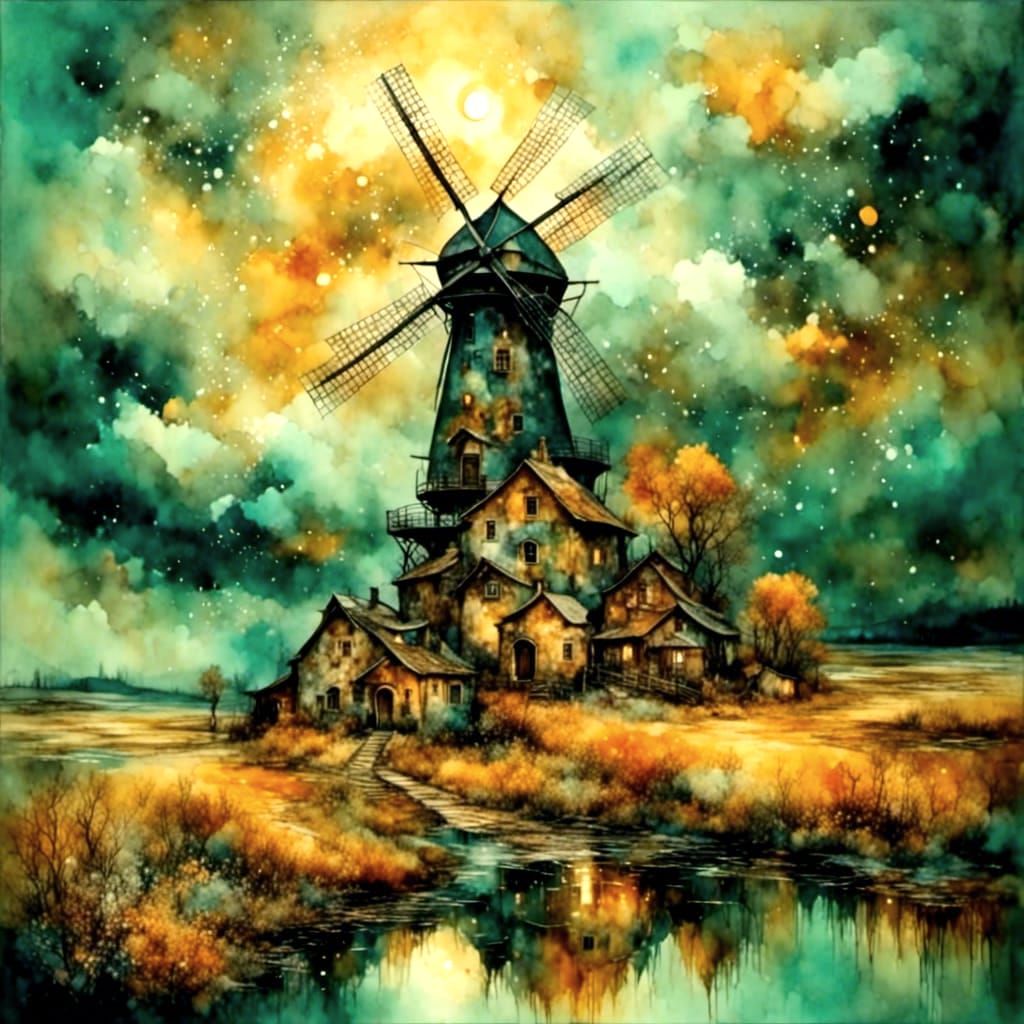 Whimsical Windmill in Surreal Watercolor Town