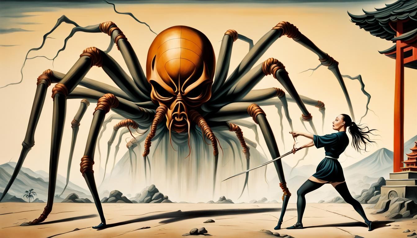 Bald Warrior Punches Giant Spider near Shinto Temple