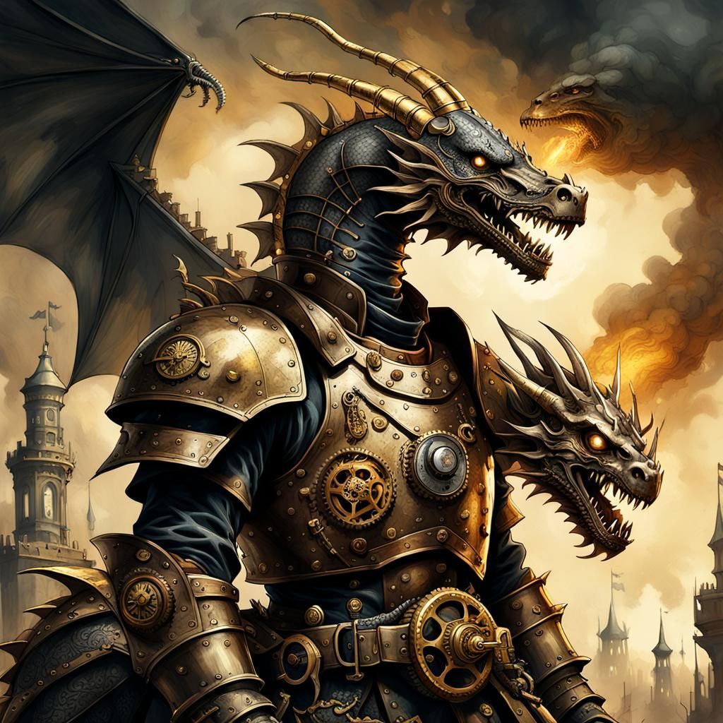 Steampunk Knight on Mechanical Dragon in Sepia Tones