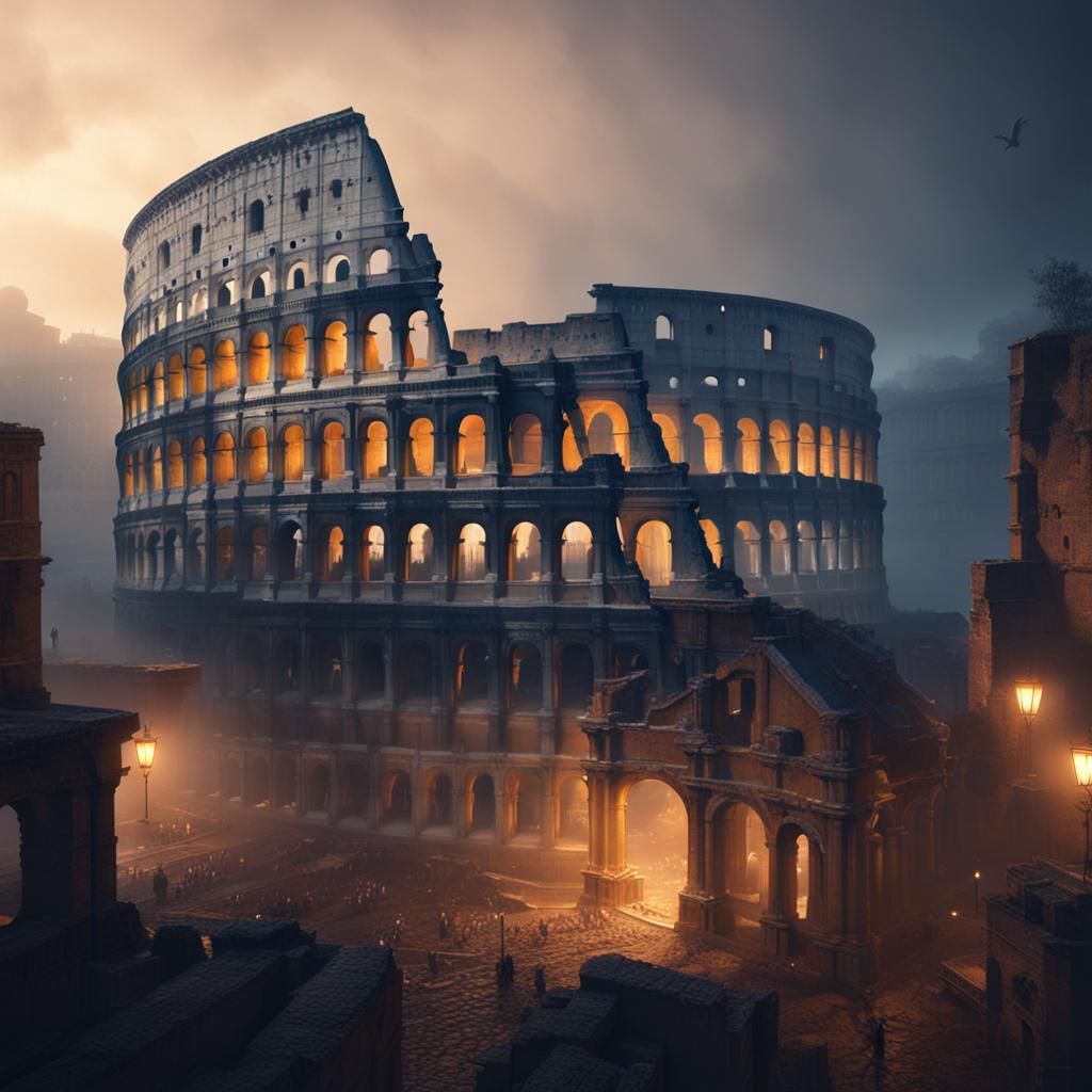 Illuminated Colosseum in Rome: Fantasy Concept Art
