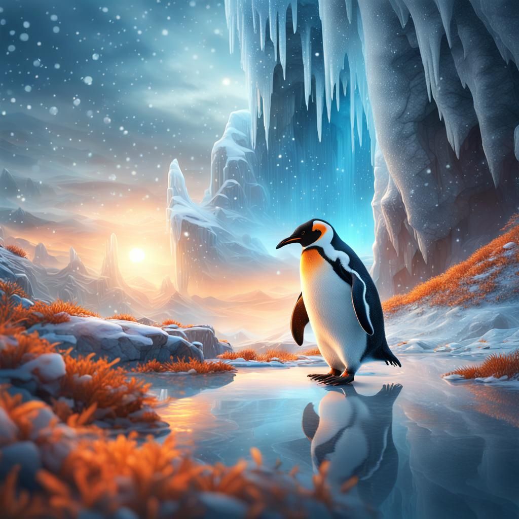 Mystical Penguin Waddles Through Icy Fantasy Landscape