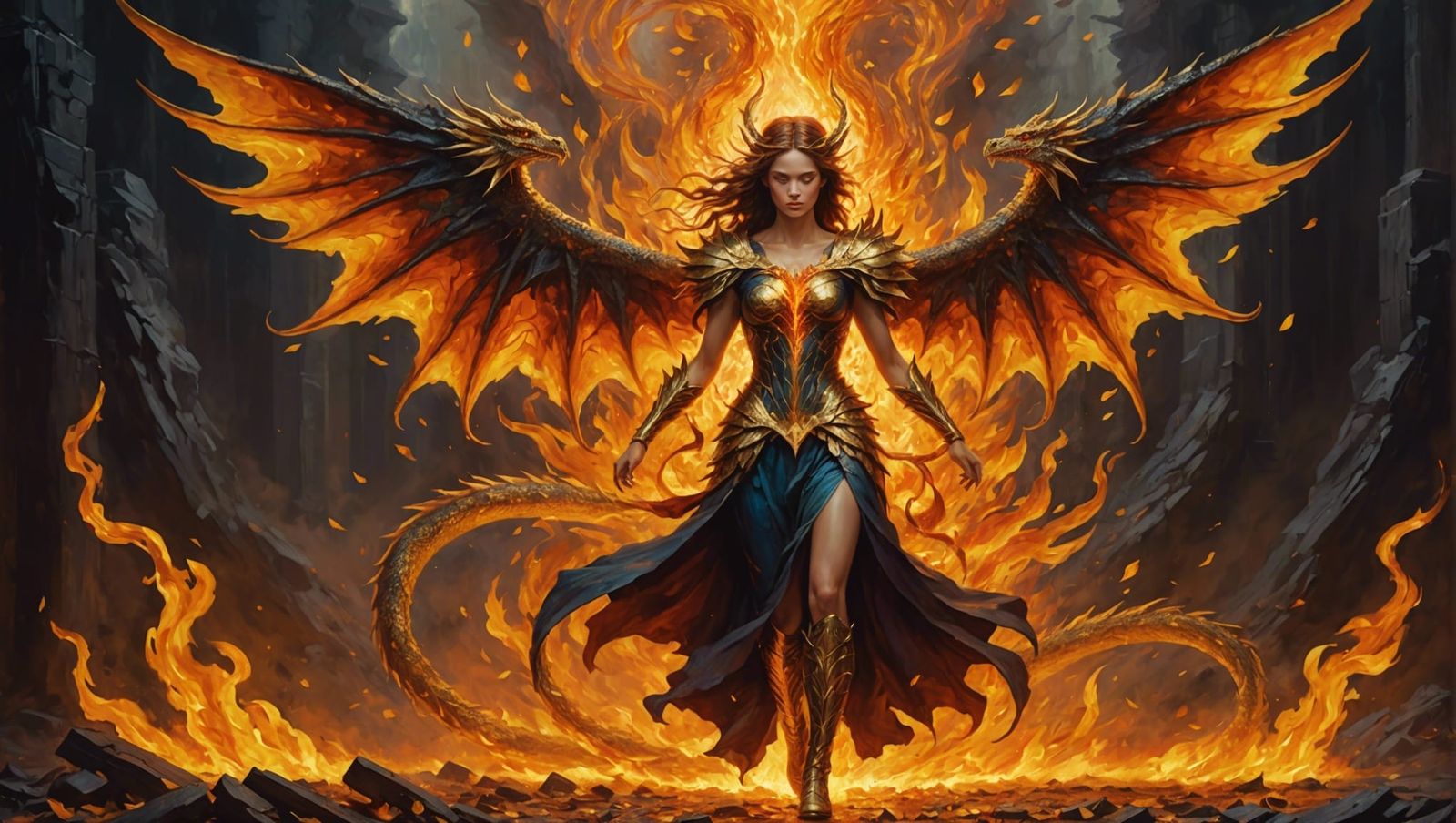 Golden Dragon Woman's Fiery Rebirth as Impasto Painting