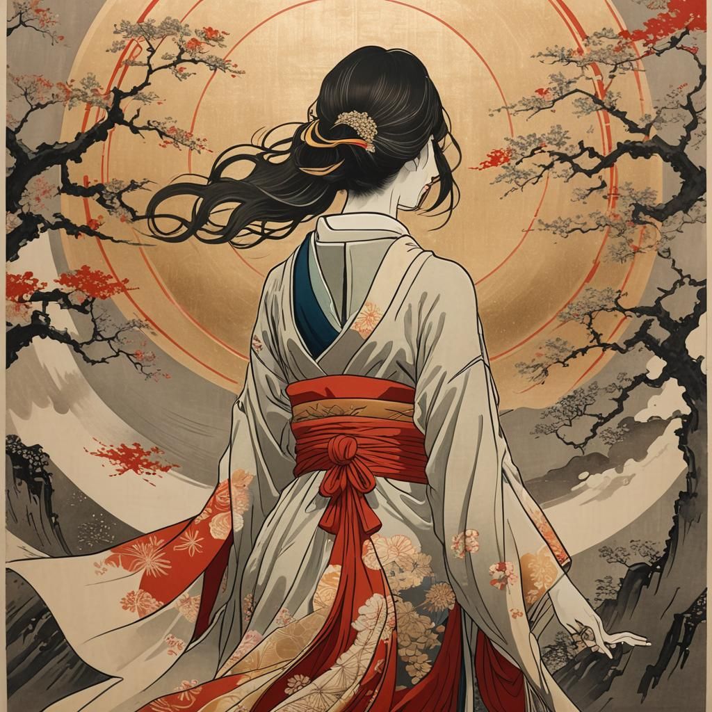 Estampe japonaise très épuré sur papier jaunie très fin, silhouette mince d'une femme japonaise de dos, cheveux très lon...