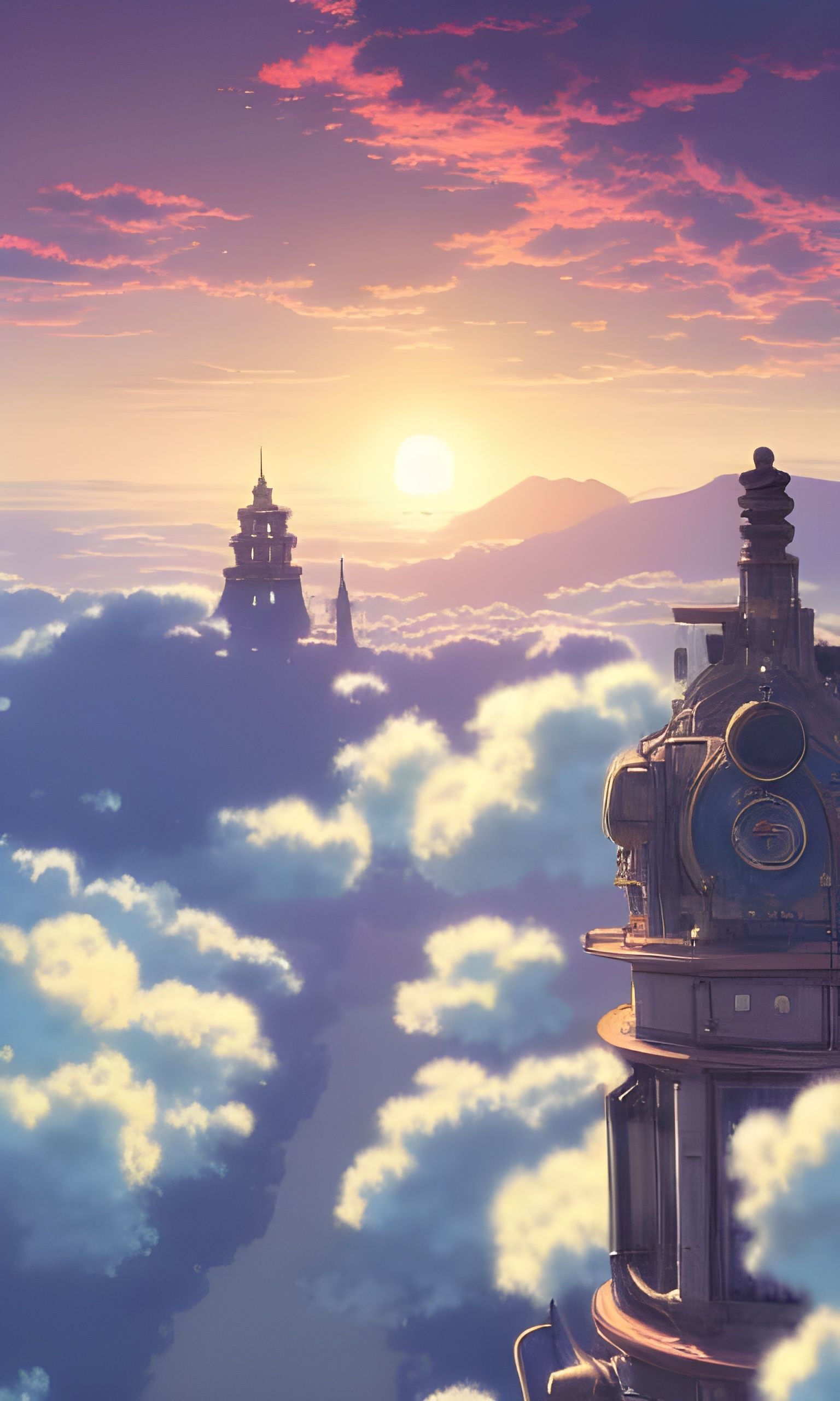 Victorian Steampunk City Above Clouds, Ghibli Style