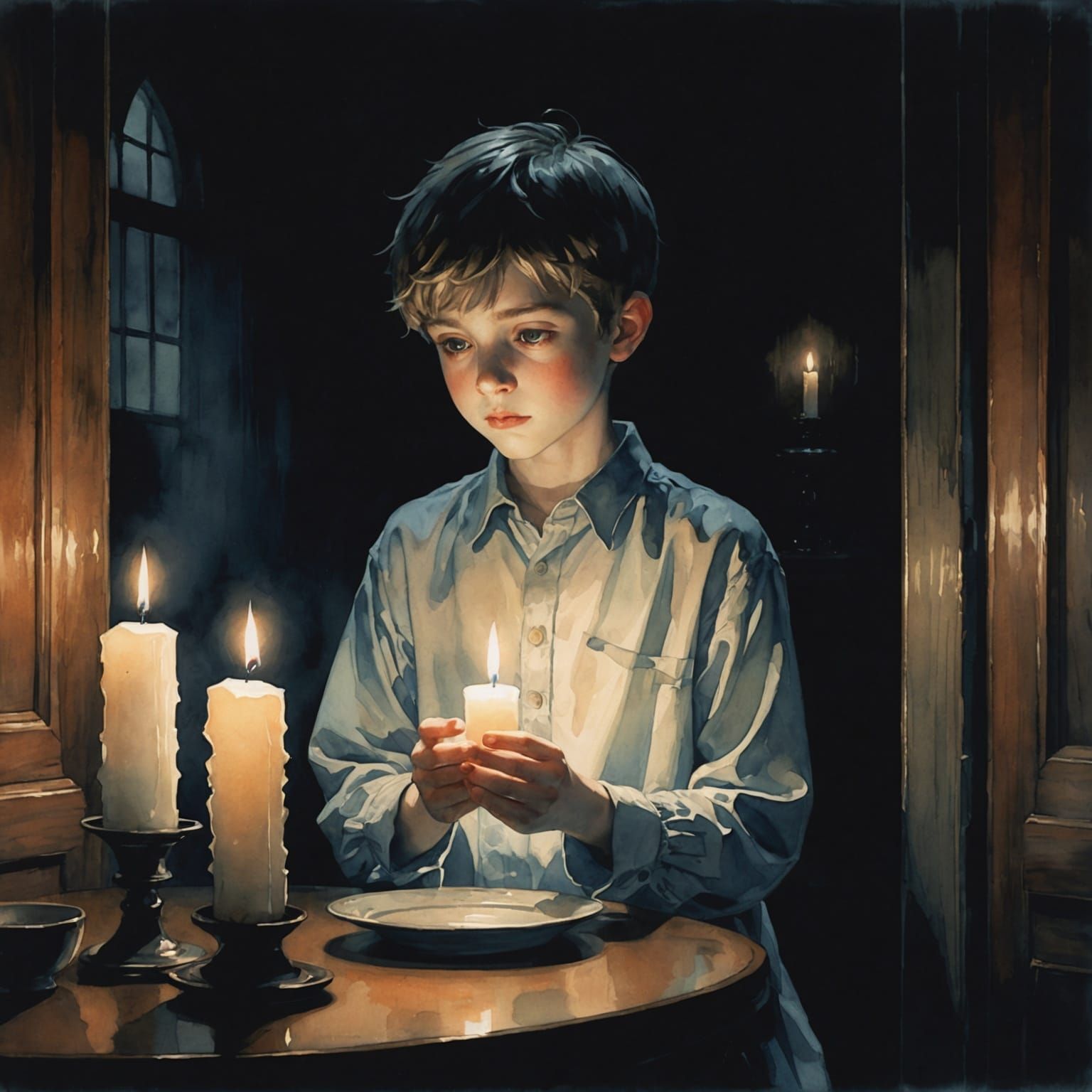 Ghost Boy with Candle in Chiaroscuro Anime Style