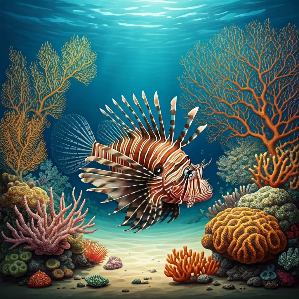 Giant Lionfish in Coral Reef: Scientific Illustration