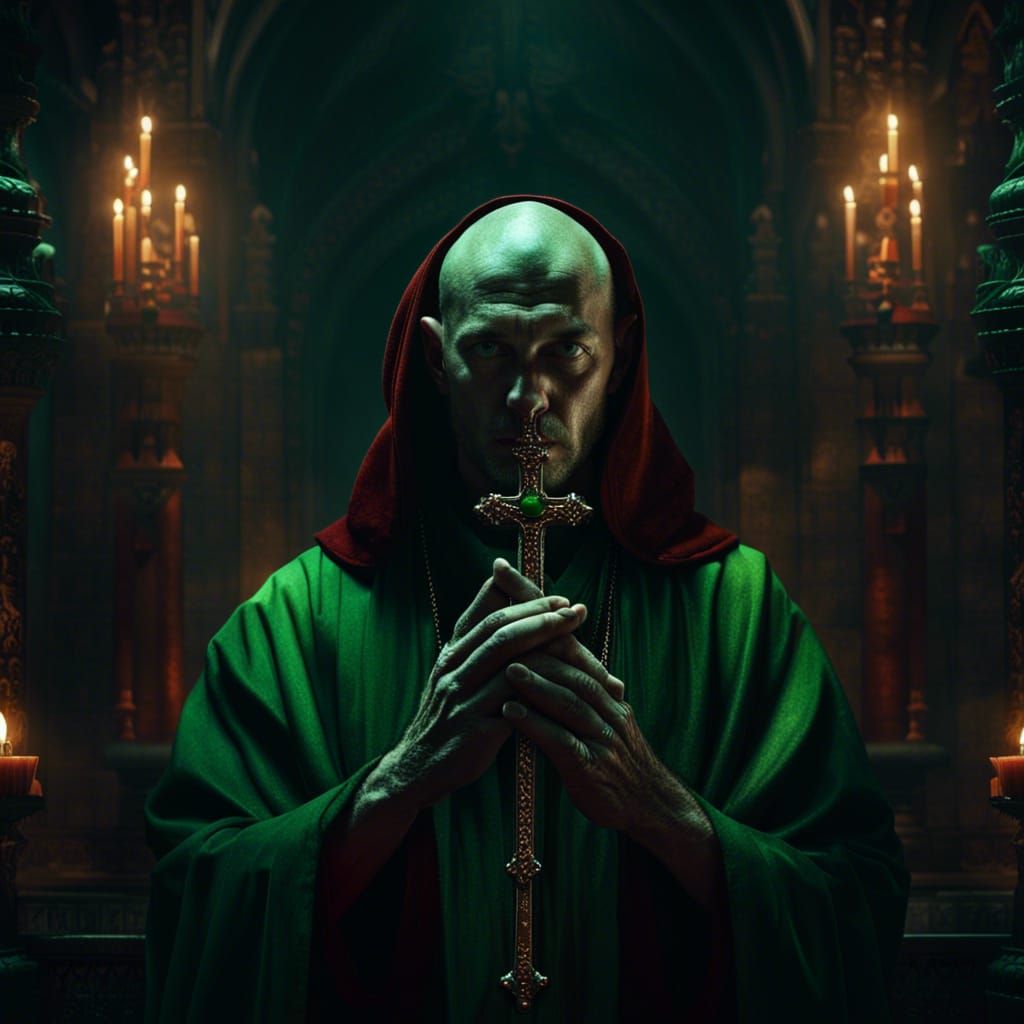 Monk Praying in Dark Monastery with Vampires