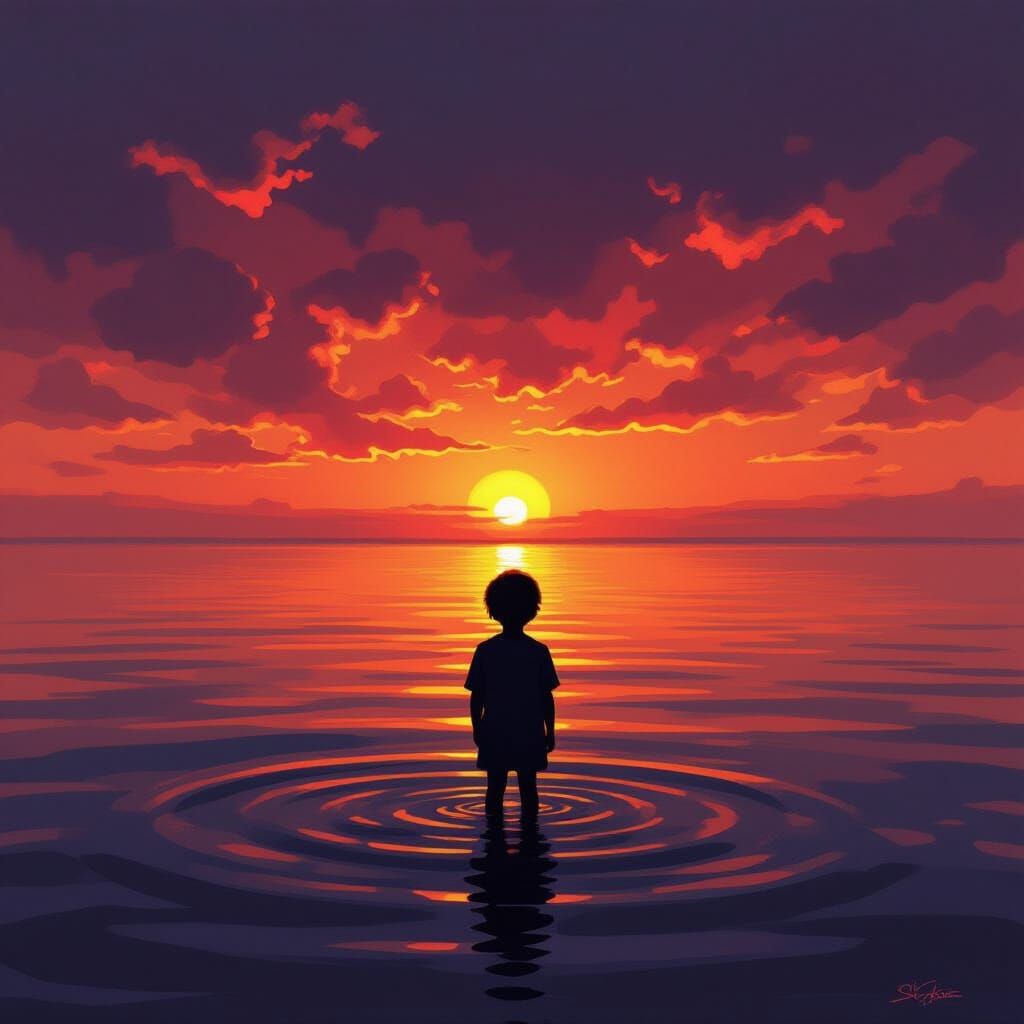 Child Silhouette at Sunset Sea in Turner Style