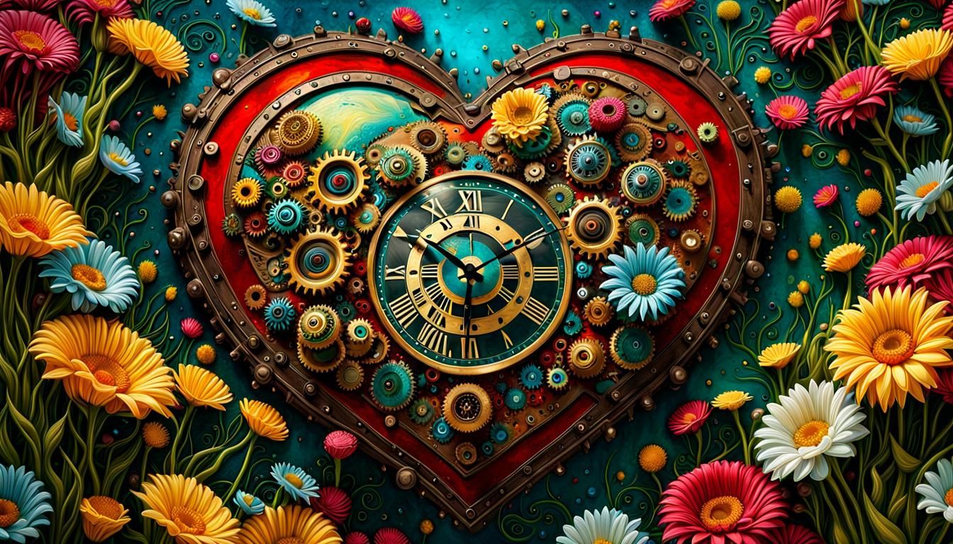 Ethereal Biomech Heart on Flower Bed, Clockpunk Cyberpunk