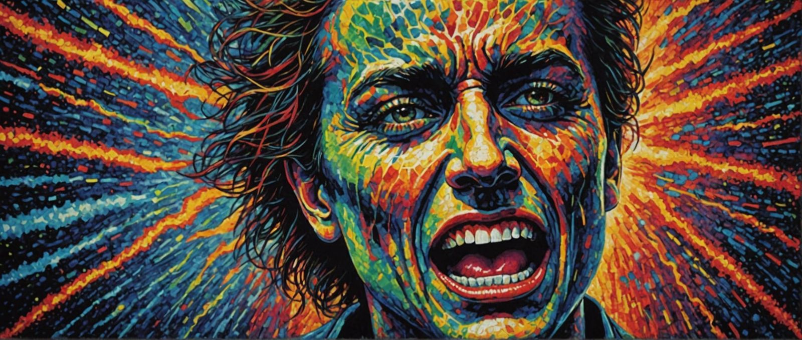 Painful Scream in Pointillism with Lightning Symbol