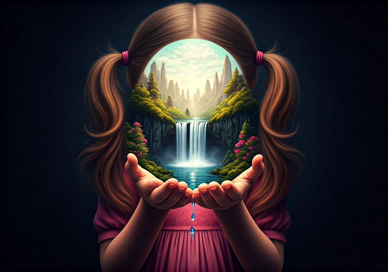 Miniature Waterfall Landscape Held by Girl: Surreal Art