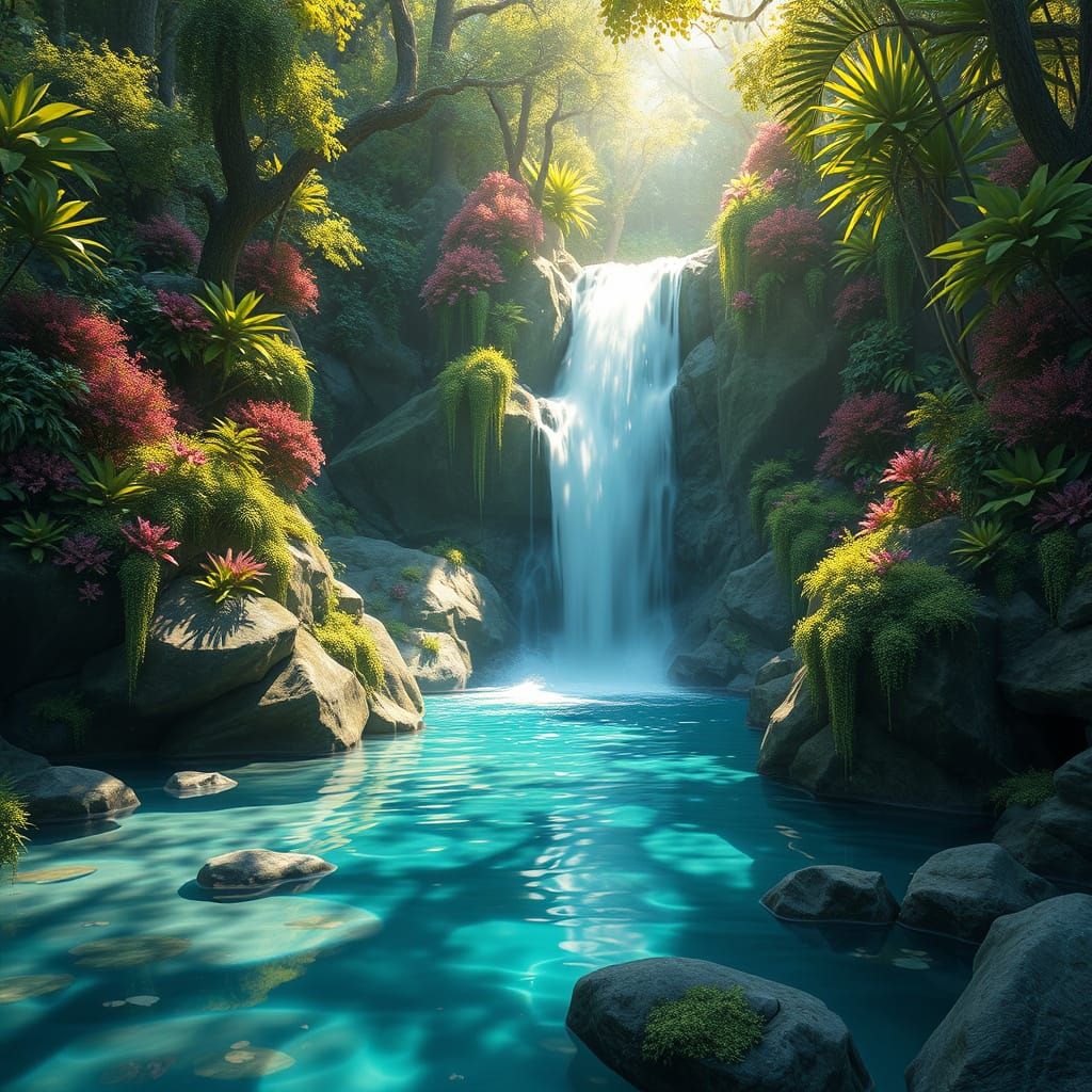 Lush Waterfall Scene in Detailed 3D Anime Art