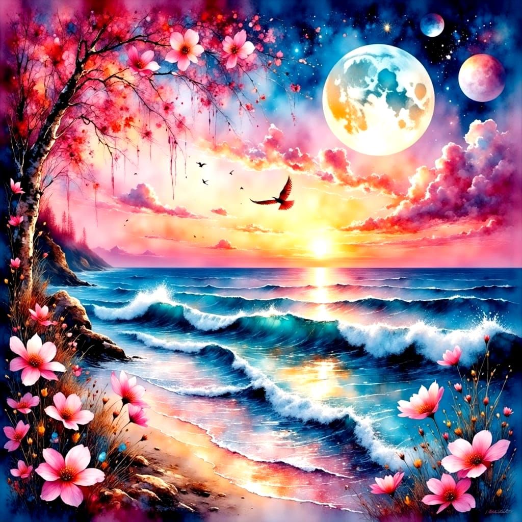 Ethereal Sunset Dreamscape in Vibrant Magenta and Gold