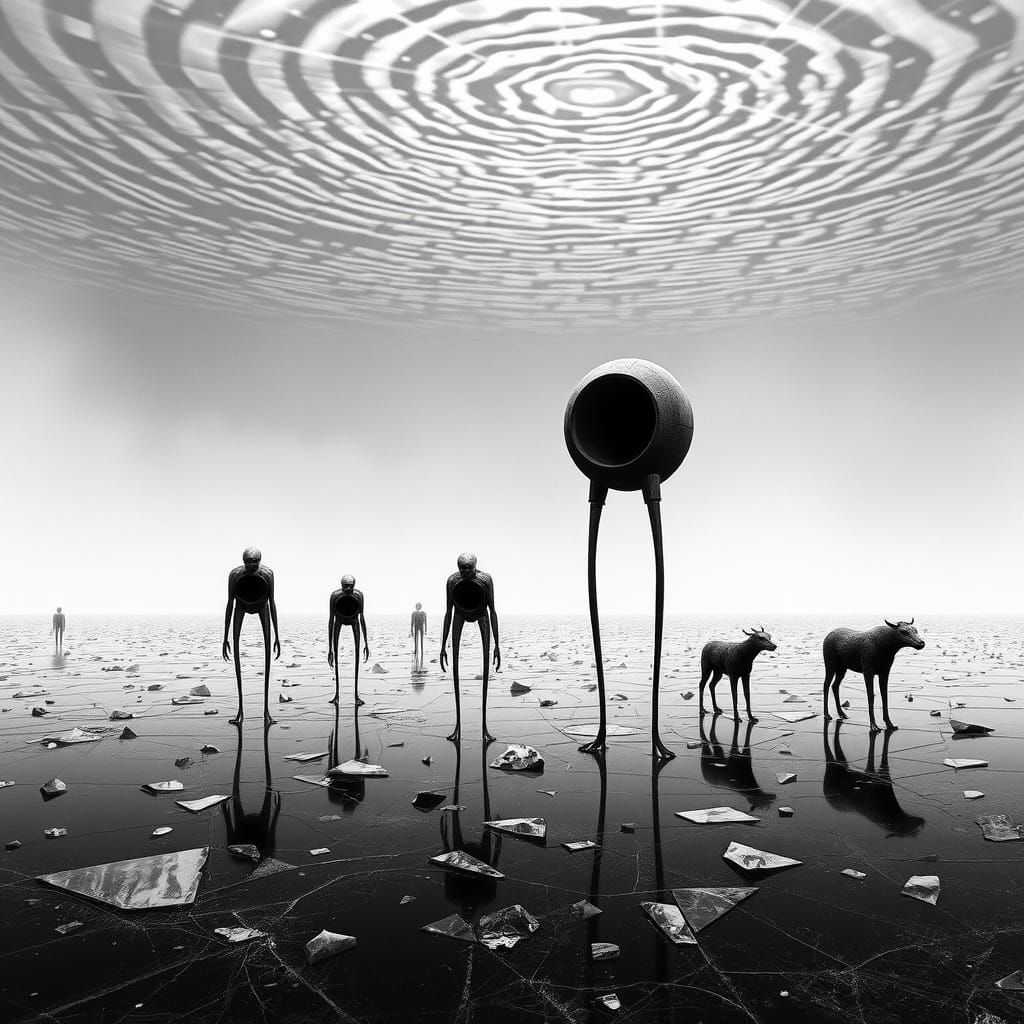Surreal Shattered Landscape with Elongated Figures