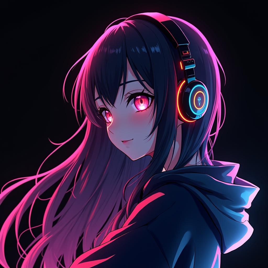 Anime Woman Immersed in Neon Music, 3D Art