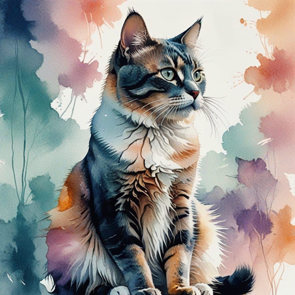 Whimsical Watercolor Cat in Double Exposure Style