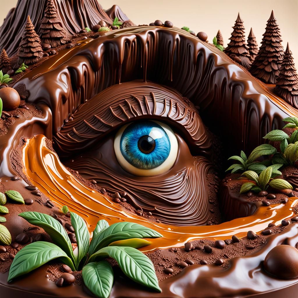 chocolate sculpture of an eye emerging from a lush chocolate hill