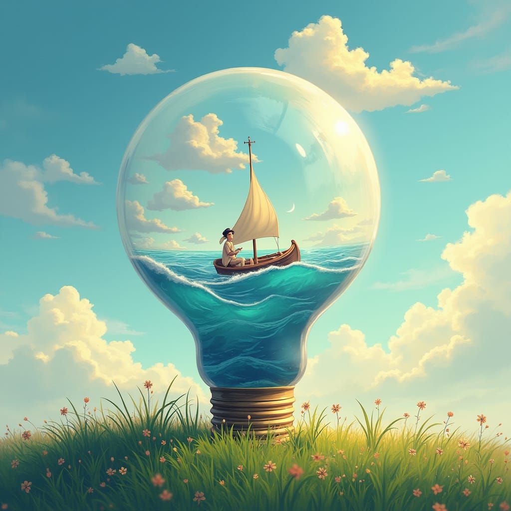 Surreal Whimsy: Peaceful Nautical Scene with Gentle Waves an...