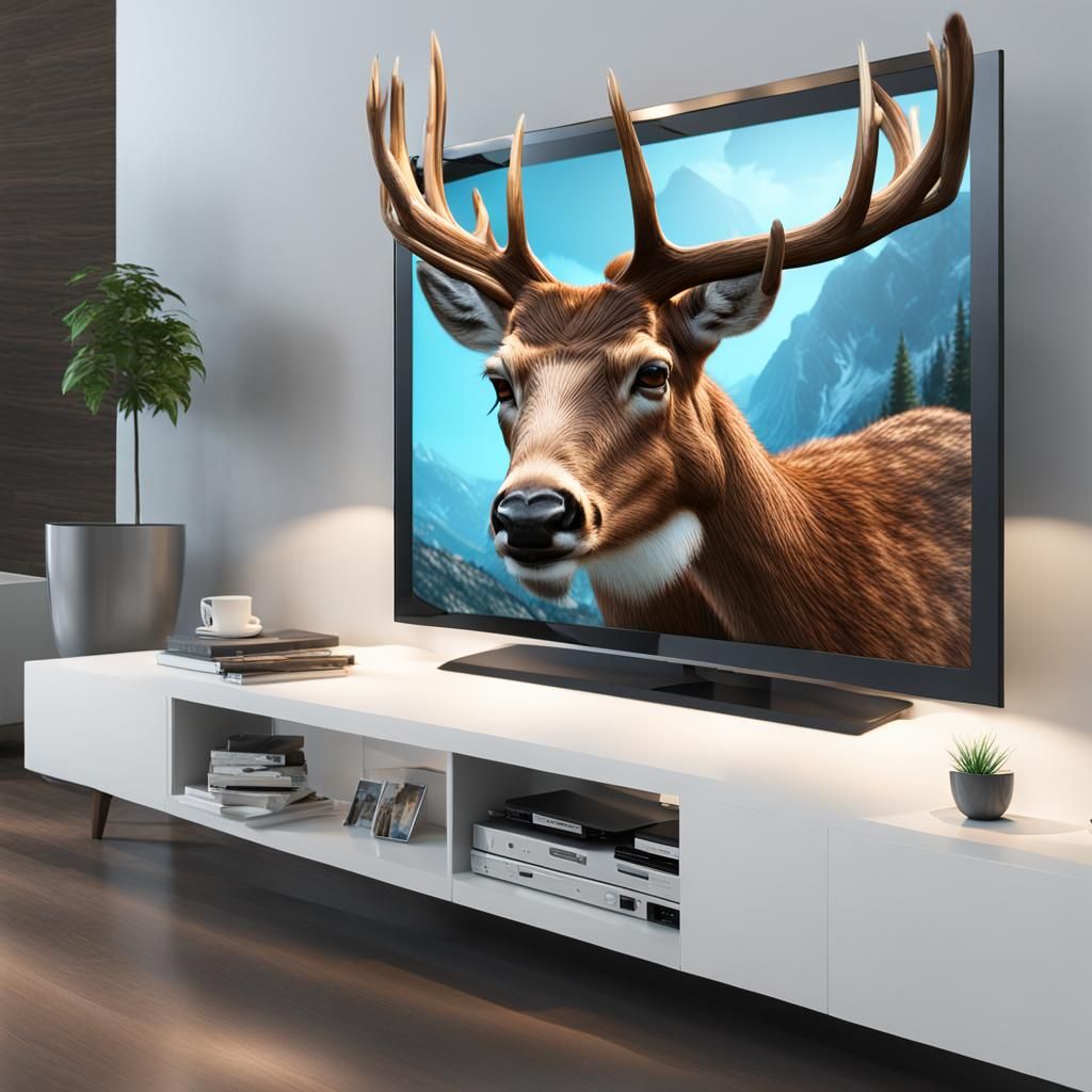 Hyperrealistic 3D Deer Head Emerging from TV