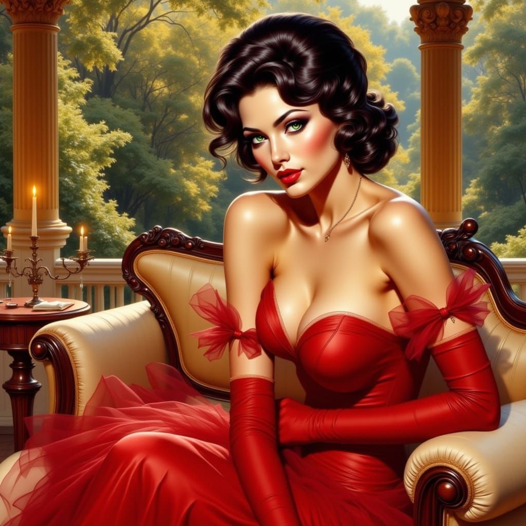 Elegant Italian Siren in Red Tulle Gown