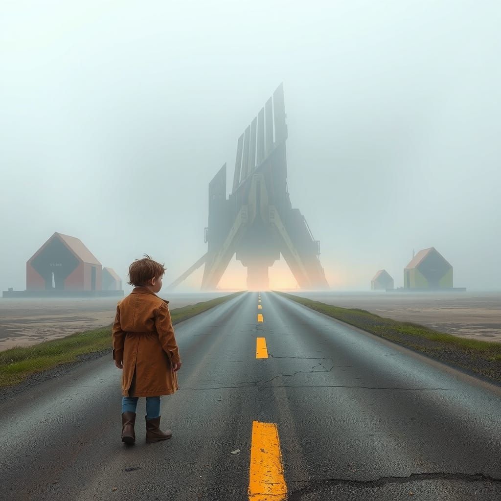 Child Encounters Ancient Alien Ruins in a Futuristic Landsca...