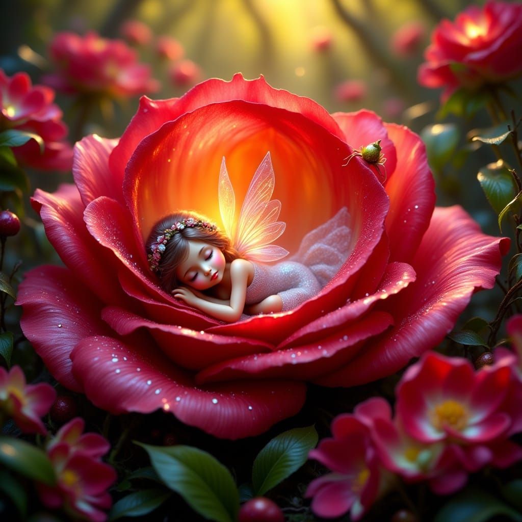 Delicate Fairy in a Rose Petal Sanctuary