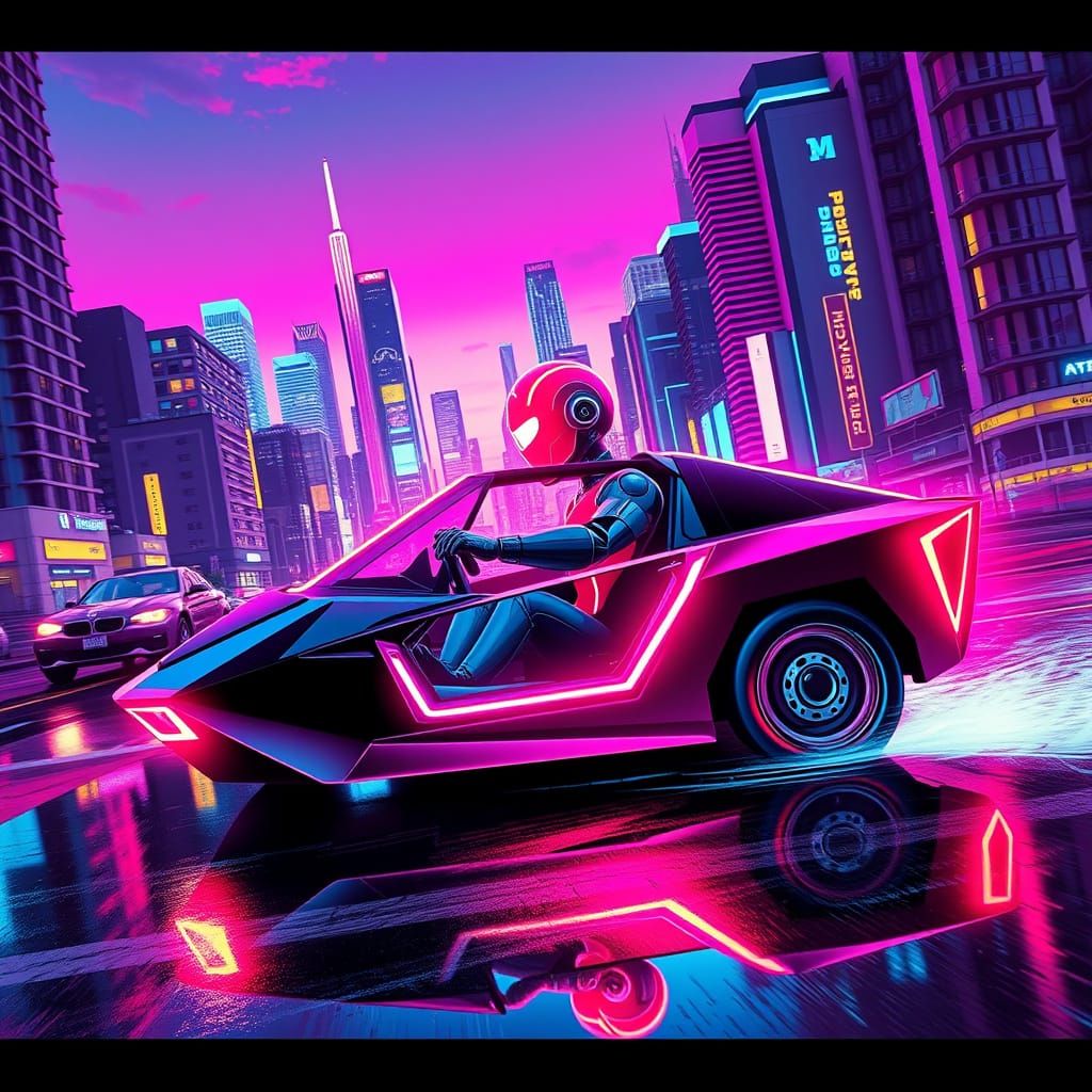 Glowing Retro Robot Drives Neon City Car