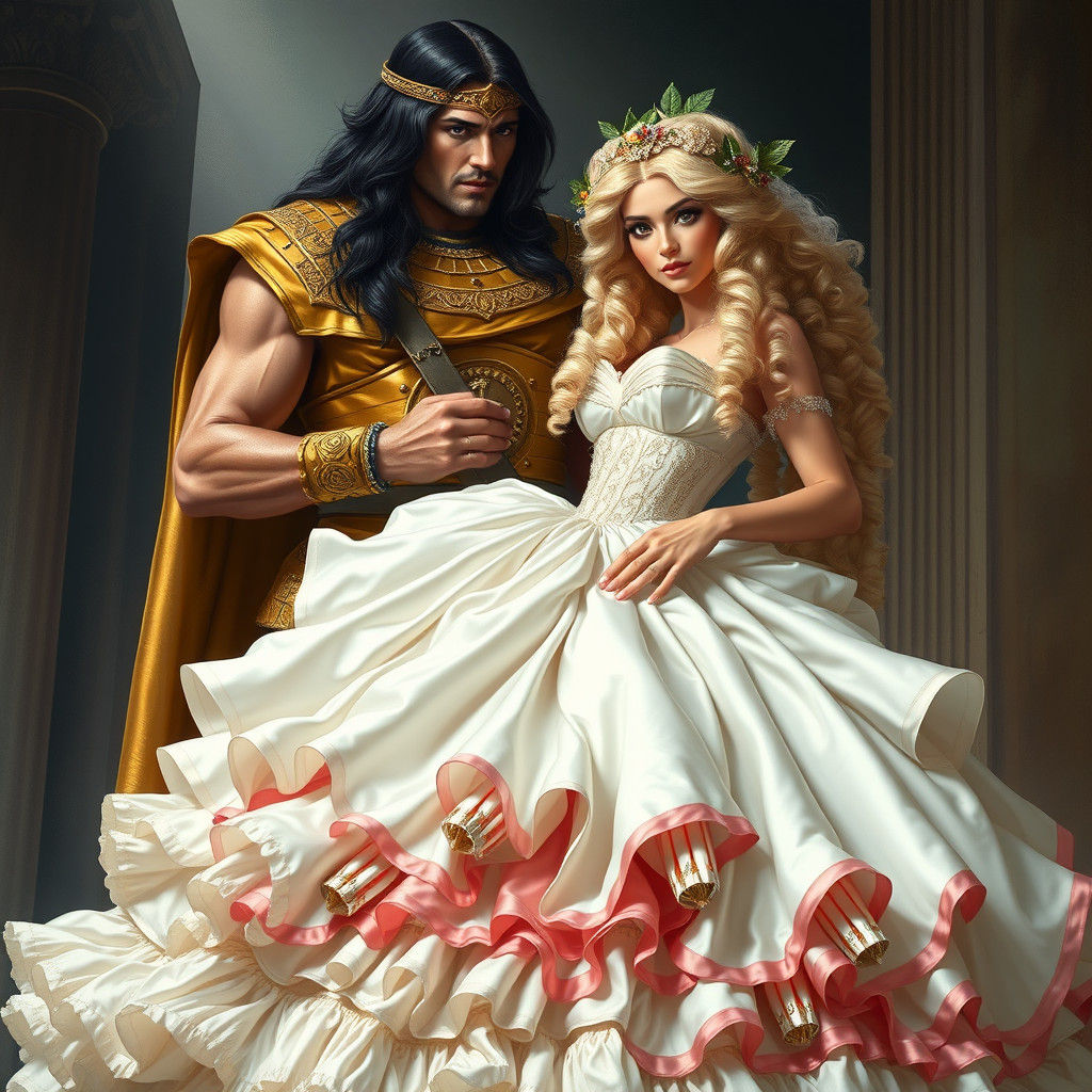 Roman King Fastens Bride's Corset in Opulent Scene