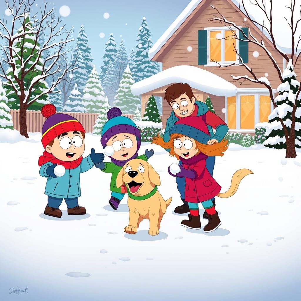 Vibrant Winter Wonderland in Whimsical South Park Style