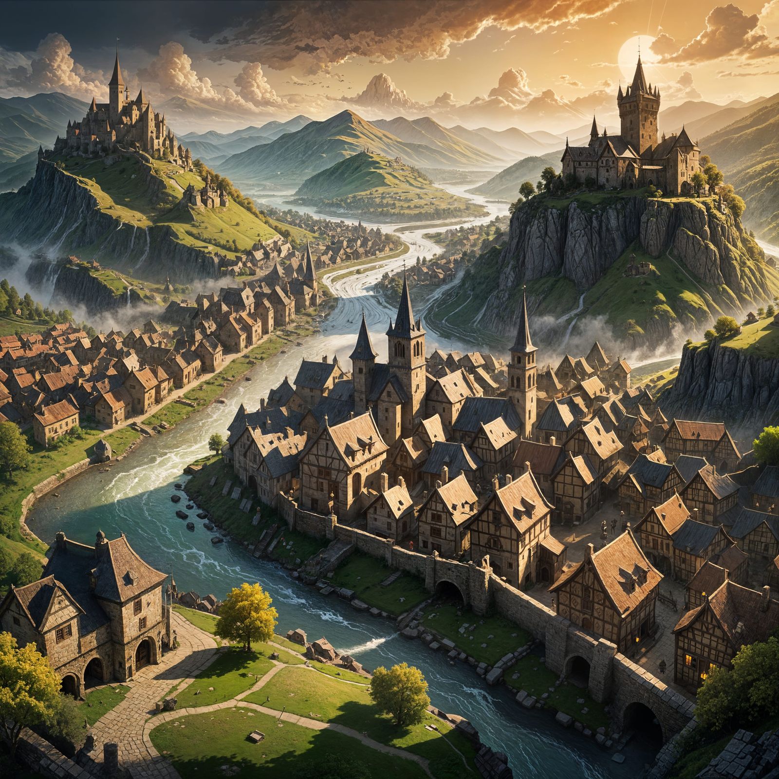 Fantasy Battle Map of a Bustling Medieval Town