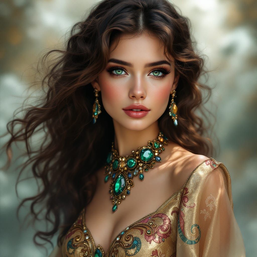 Portrait of Woman in Brocade Gown, Art Nouveau Style