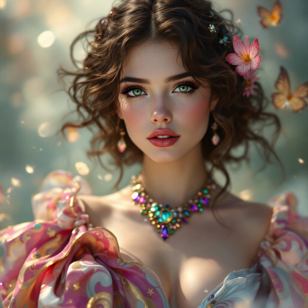Ethereal Portrait in Brocade Gown, Dreamy Digital Art