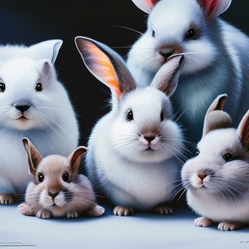 Whimsical Painting of Playful Rabbits in Lush Forest