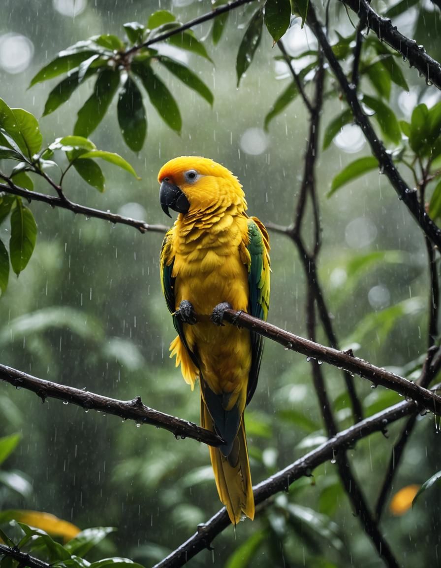 Vibrant Yellow Parrot in Rainforest, Ultra Realistic Photo