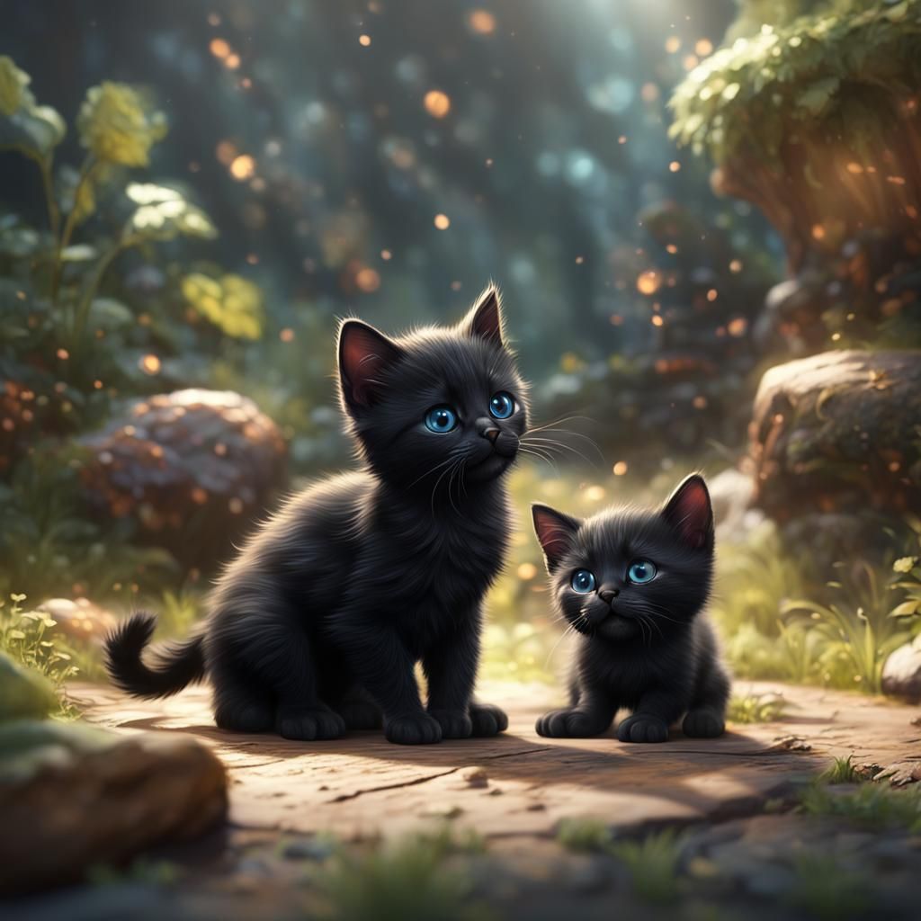 Two Black Kittens Playing, Detailed Matte Painting