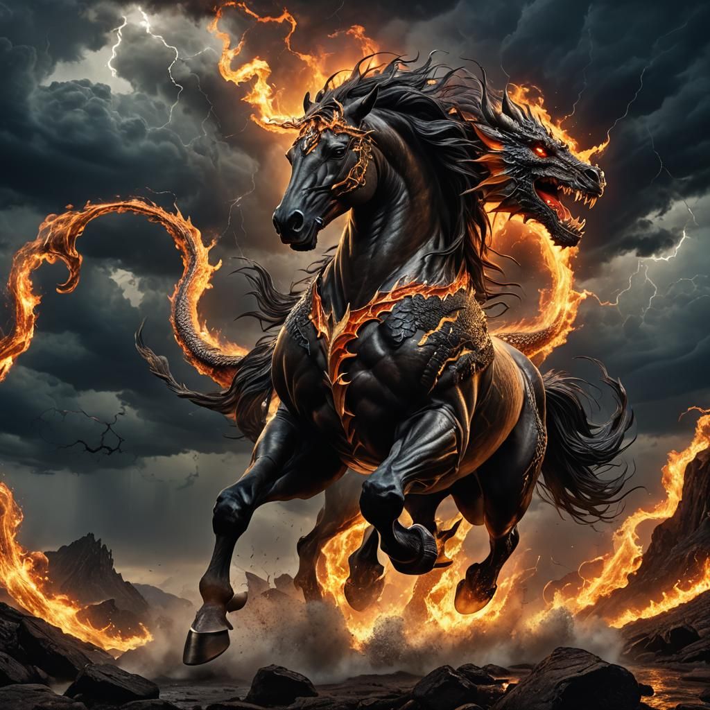 Dragon Stallion Galloping Through Stormy Landscape