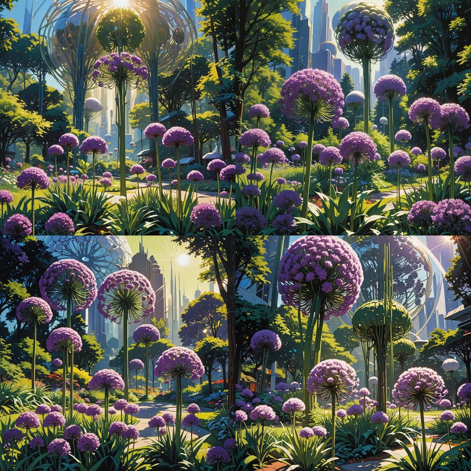Futuristic City Park with Giant Allium Flowers