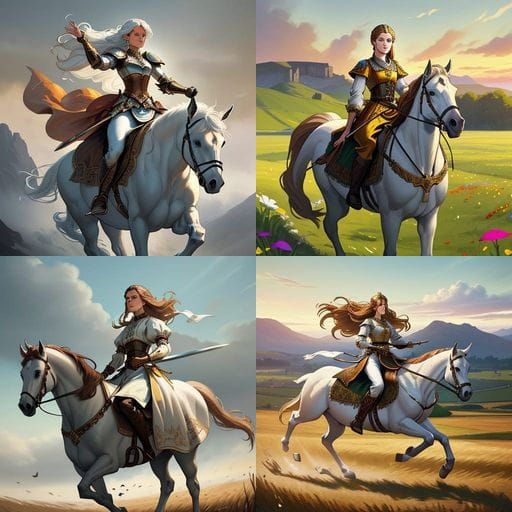 Fierce Danish Warrior Girl on White Horse with Sword