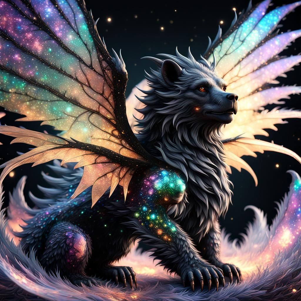 Winged Bear Dragon with Iridescent Stars in Fantasy Art