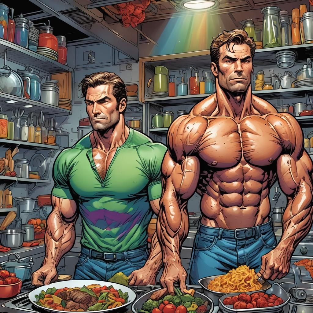 Rainbow Kitchen Muscle Men in Comic Book Style