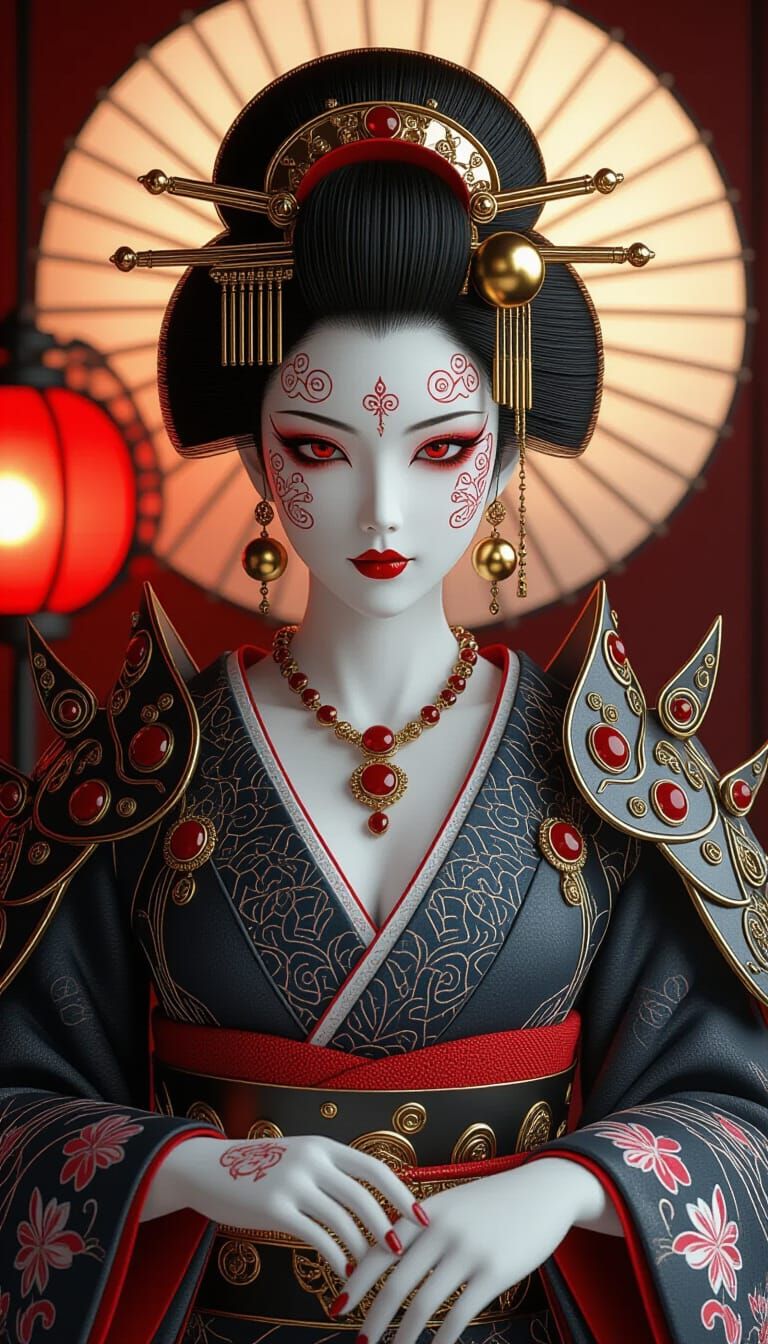 Fantasy Geisha in Gray Armor with Pink Tattoos