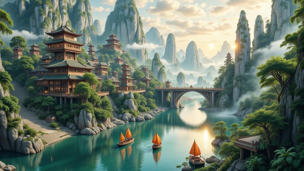 Epic Fantasy Asian Harbor Landscape in Ink Wash Style