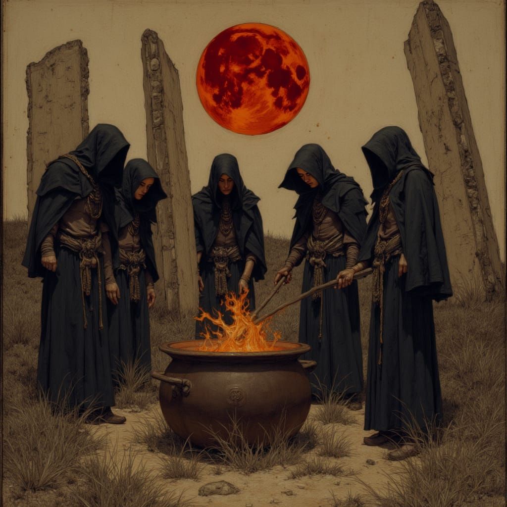 Witches Ritual Under Blood Moon in Goya Bosch Style