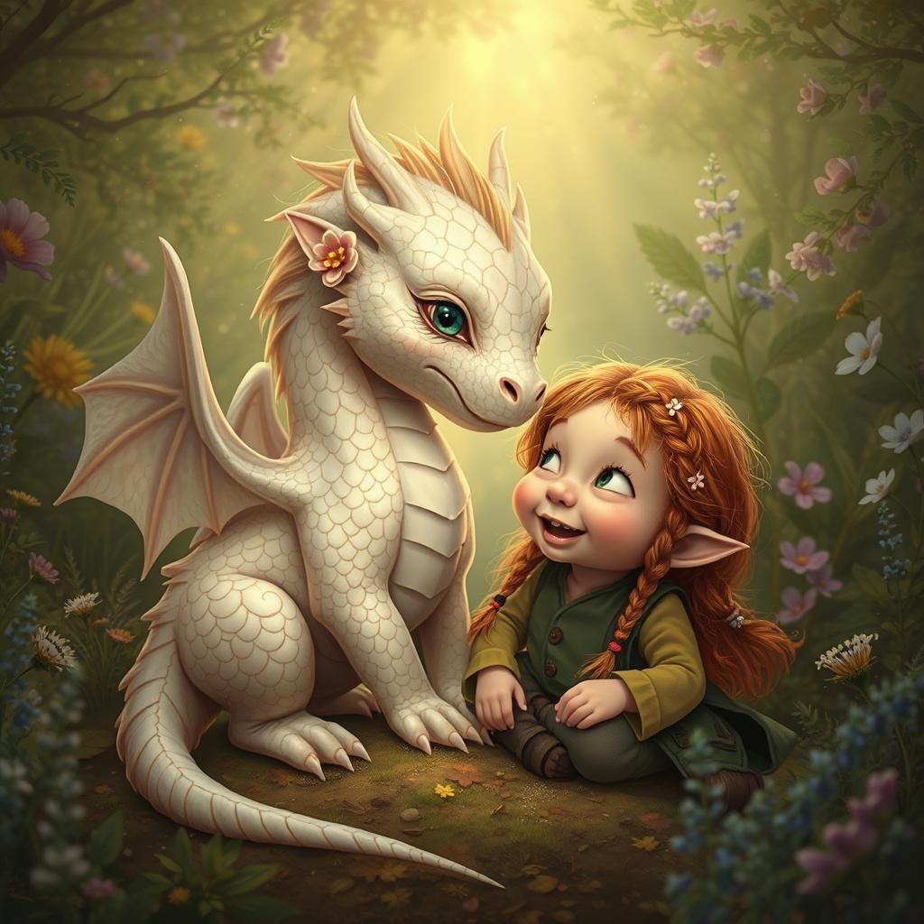 Gnome Girl Hugs Dragon in Whimsical Forest