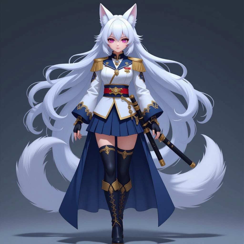 Anime Kitsune Admiral with White Hair and Pink Eyes
