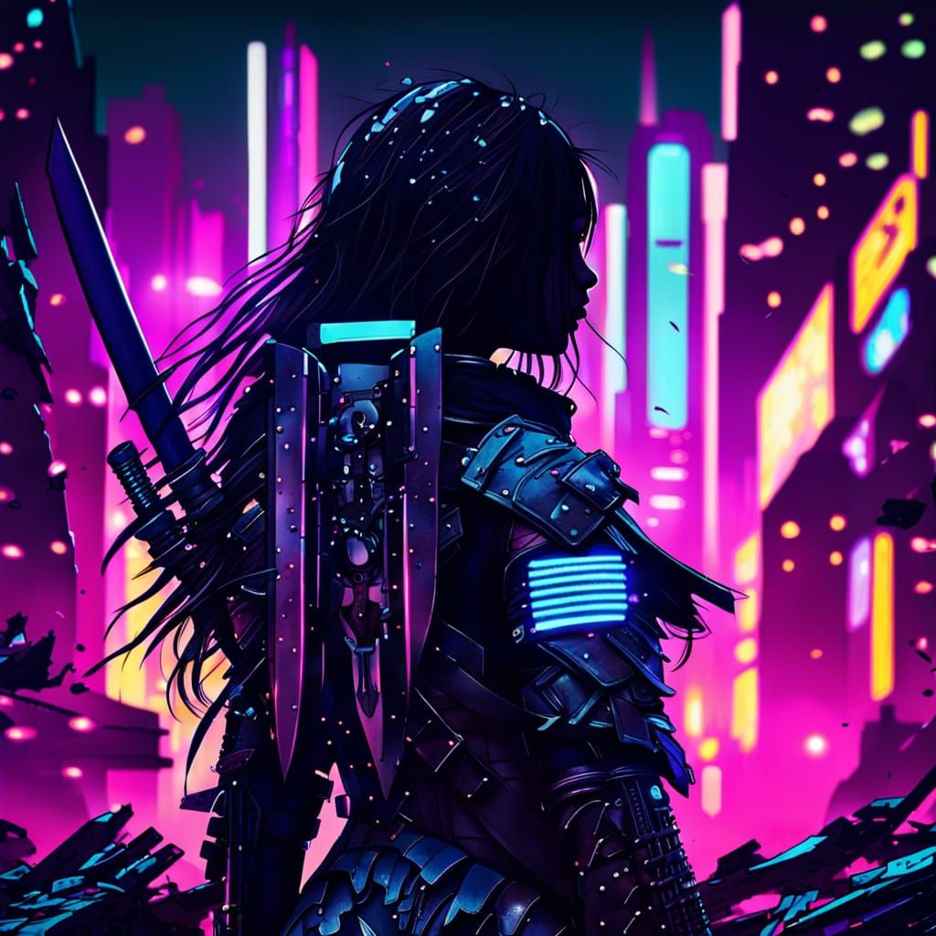 Neon City Katana Girl in Japanese Graffiti Style
