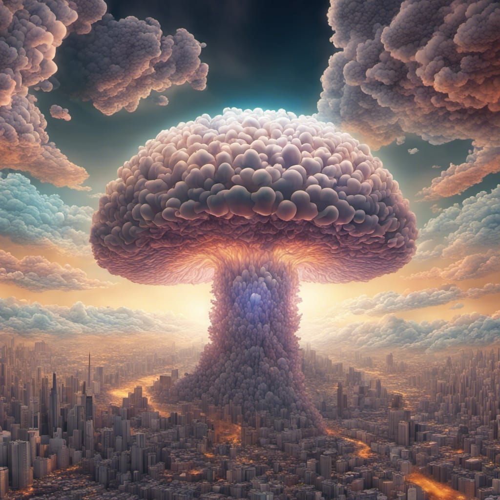 Iridescent Mushroom Cloud After Atomic Explosion