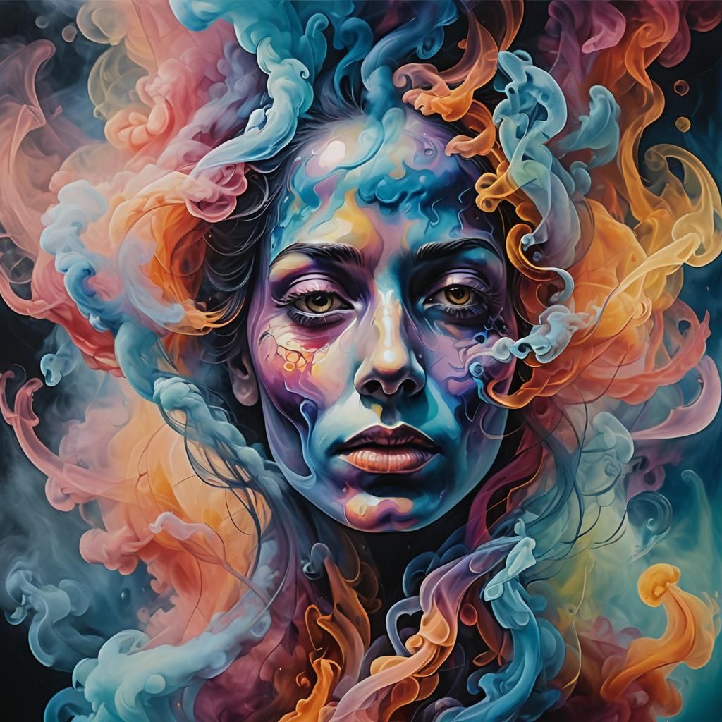 Surreal Face in Smoke: Expressionist Acrylic Painting